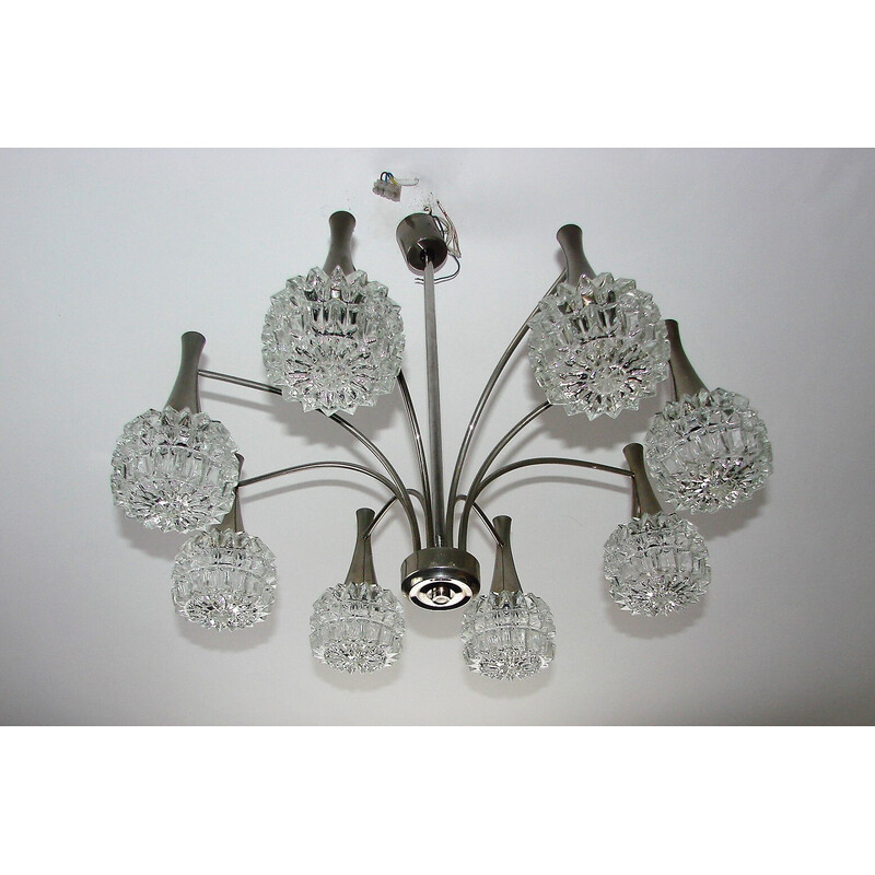 Vintage chandelier in nickel-plated steel and thick glass, 1970s