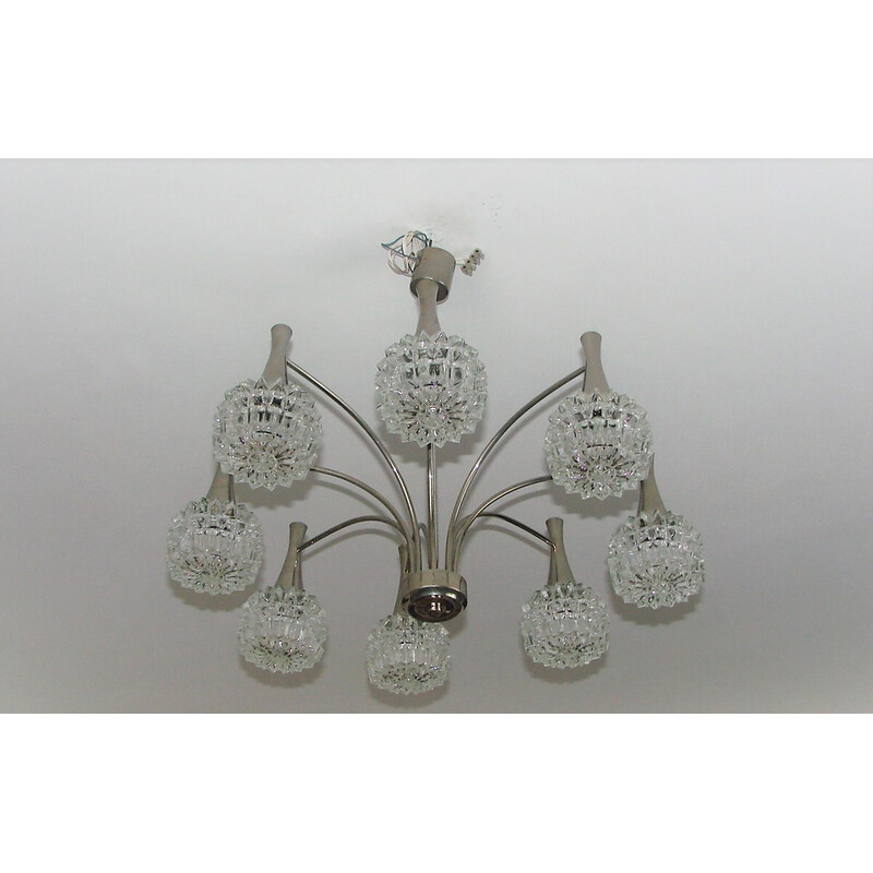 Vintage chandelier in nickel-plated steel and thick glass, 1970s