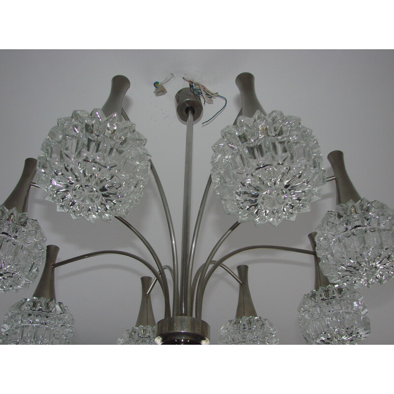 Vintage chandelier in nickel-plated steel and thick glass, 1970s