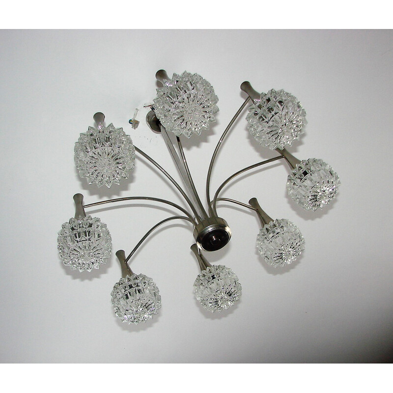 Vintage chandelier in nickel-plated steel and thick glass, 1970s