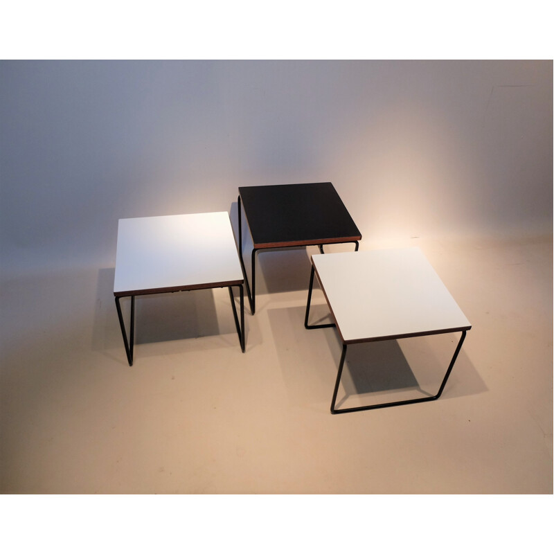 Steiner set of 3 black and white side tables, Pierre GUARICHE - 1960s