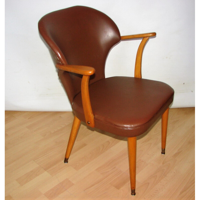 Vintage beech wood and eco leather armchair, 1960s