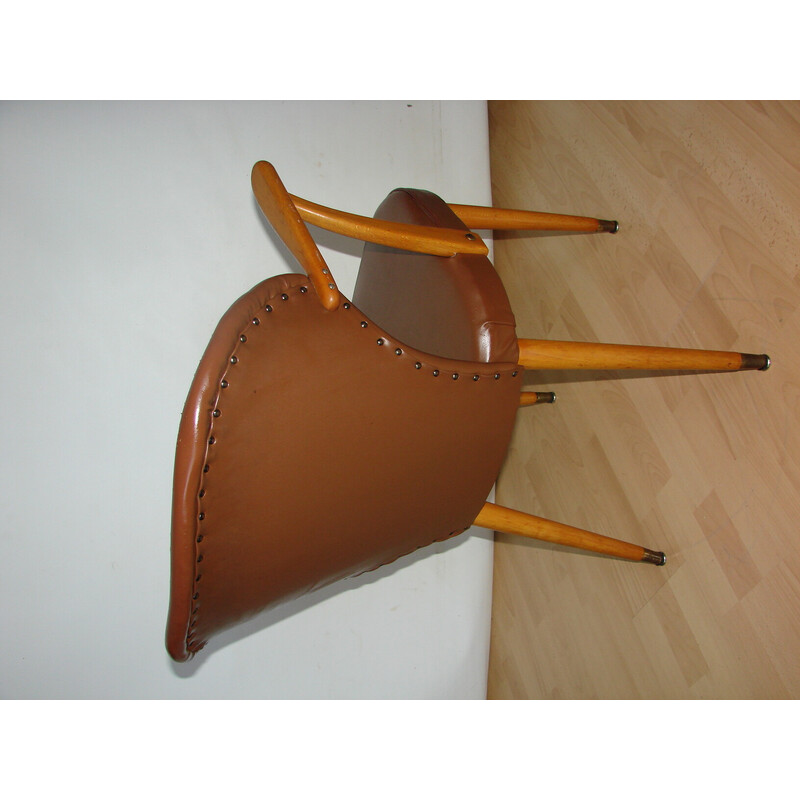 Vintage beech wood and eco leather armchair, 1960s