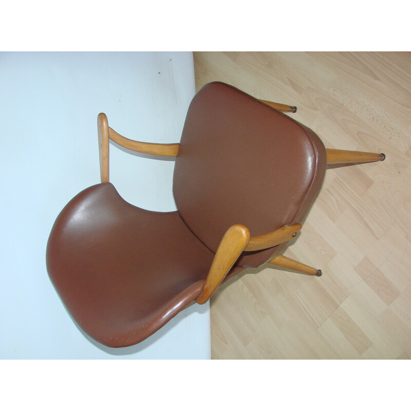 Vintage beech wood and eco leather armchair, 1960s