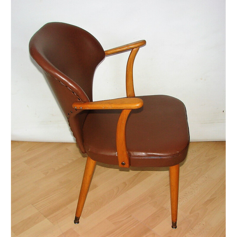 Vintage beech wood and eco leather armchair, 1960s