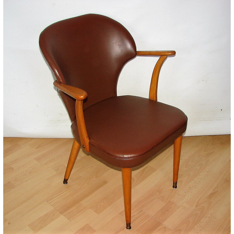 Sillón vintage de madera de haya y cuero ecológico, 1960