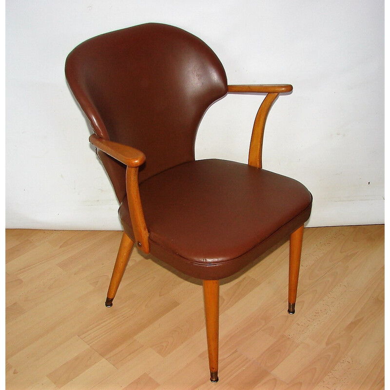 Vintage beukenhouten en eco-lederen fauteuil, 1960