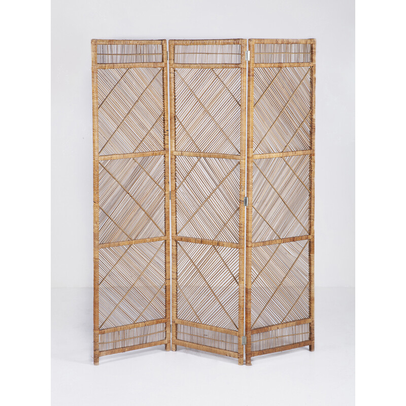 Vintage three-panel rattan room divider, 1960s