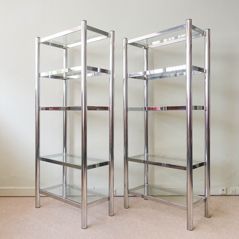 Pair of vintage polished chrome and glass shelving unit, Portugal 1970s