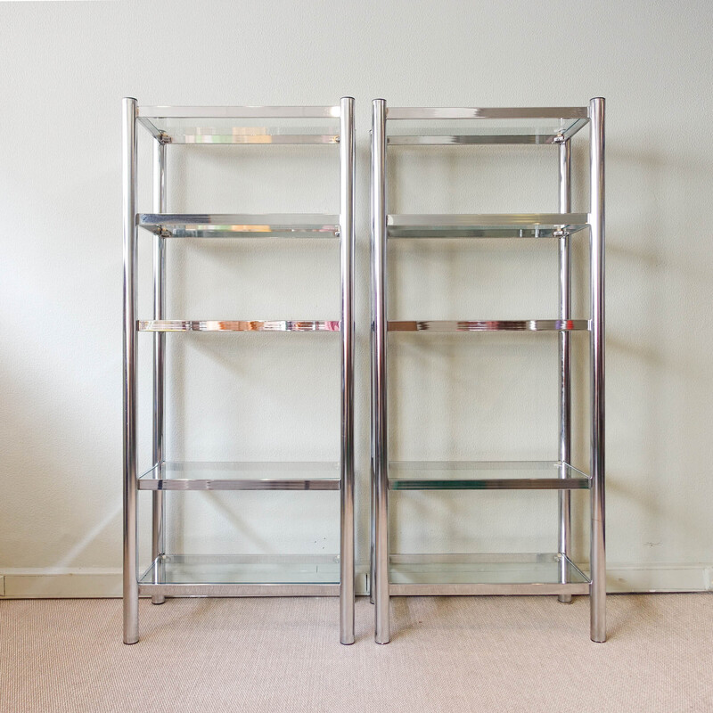 Pair of vintage polished chrome and glass shelving unit, Portugal 1970s