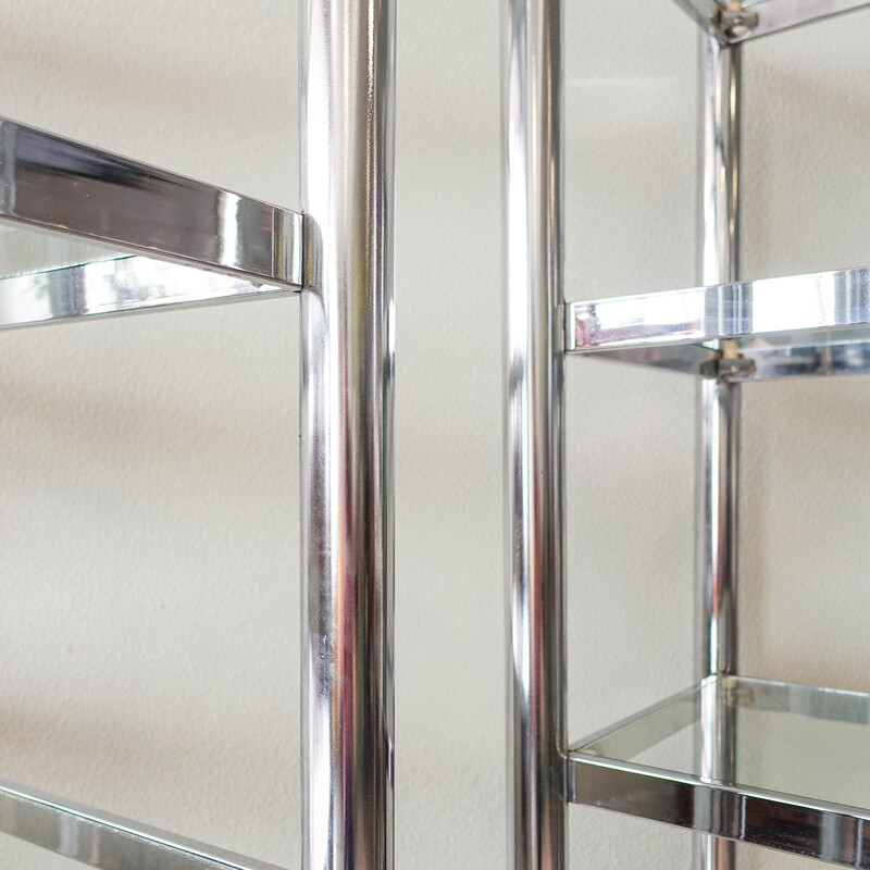 Pair of vintage polished chrome and glass shelving unit, Portugal 1970s