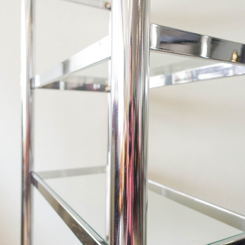 Pair of vintage polished chrome and glass shelving unit, Portugal 1970s