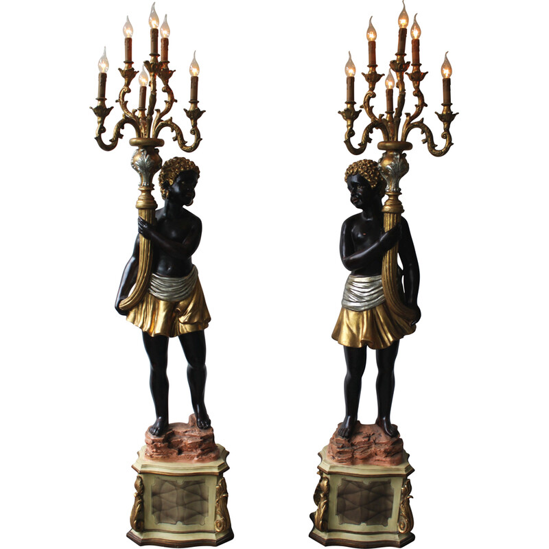 Pair of vintage Nubian torchiere floor lamps in polychrome wood, Italy