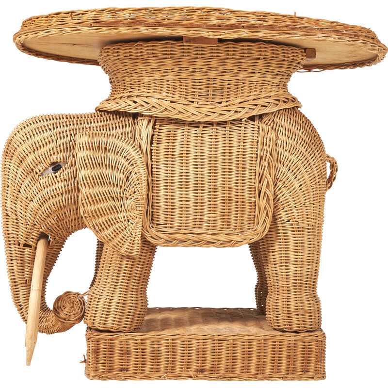 Mesa auxiliar vintage de elefante en ratán, 1970