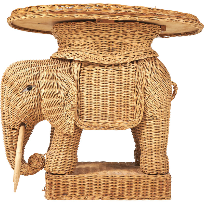 Table d’appoint vintage éléphant en rotin, 1970