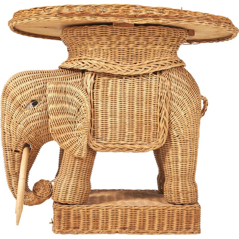 Vintage elephant side table in rattan, 1970