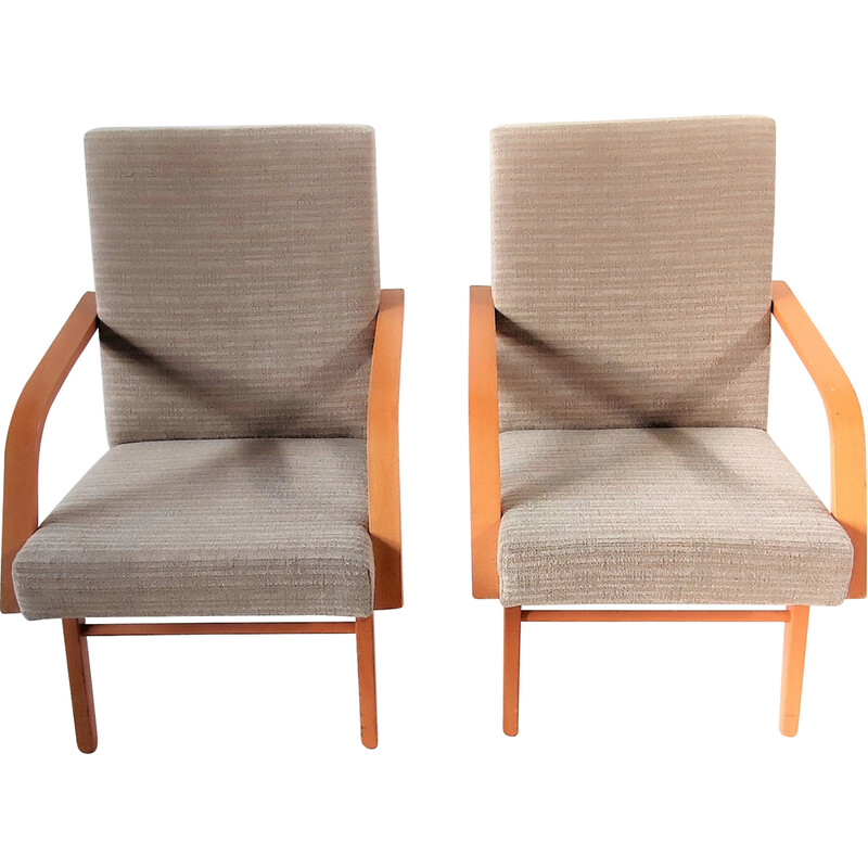 Paar midden-eeuwse Tsjecho-Slowaakse fauteuils in lichtbeige, 1960