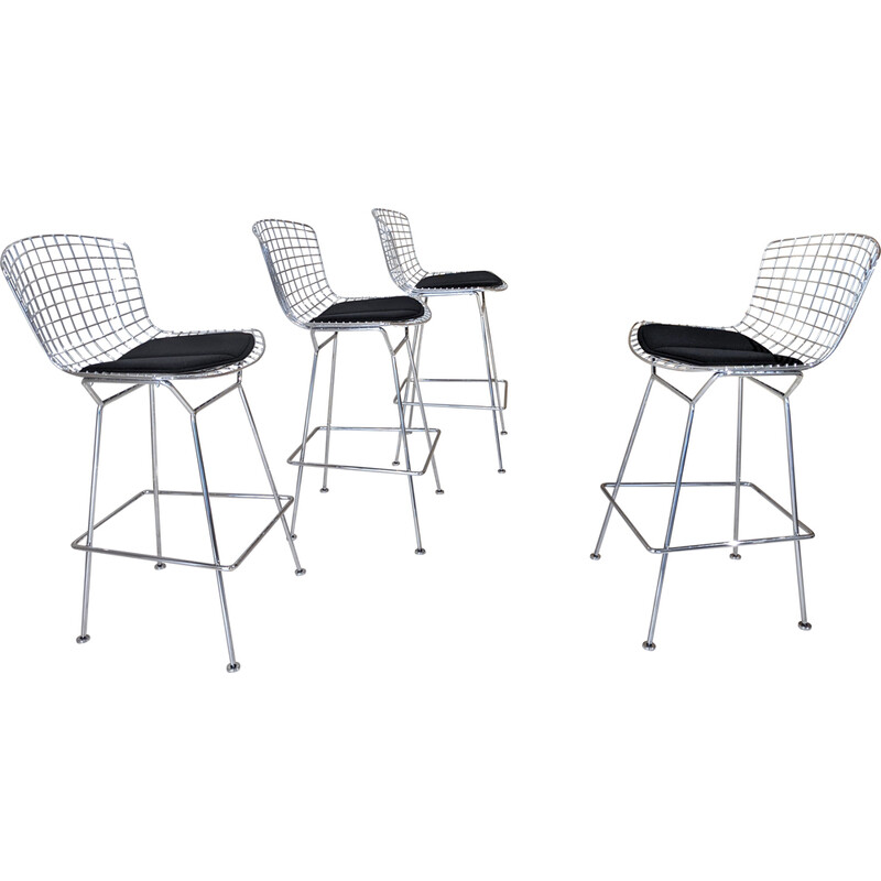 Set of 4 steel bar stools with cushion by Harry Bertoia for Knoll, 1952s