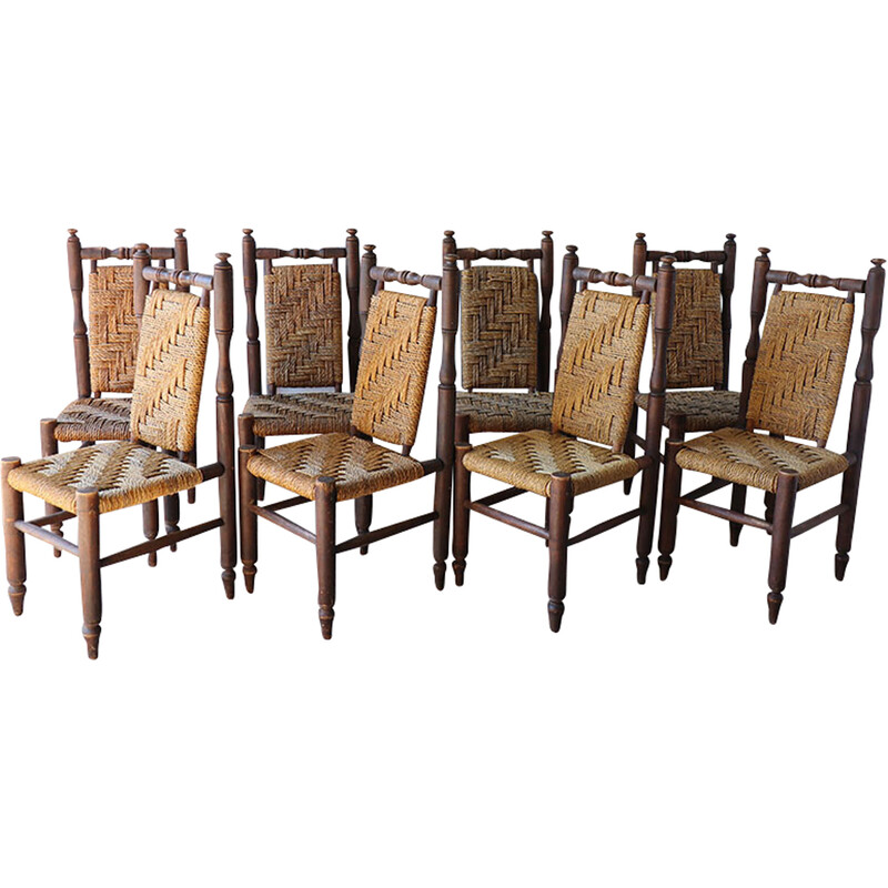 Set of 8 vintage wood and braided rope chairs, 1960