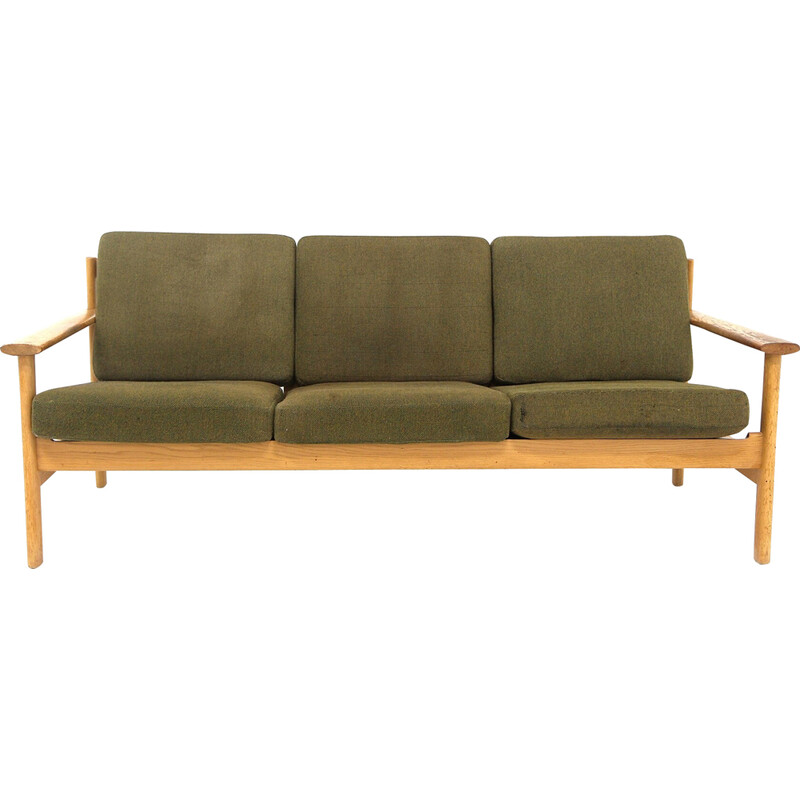 Vintage 3 seater oakwood sofa with cushions, Sweden 1970