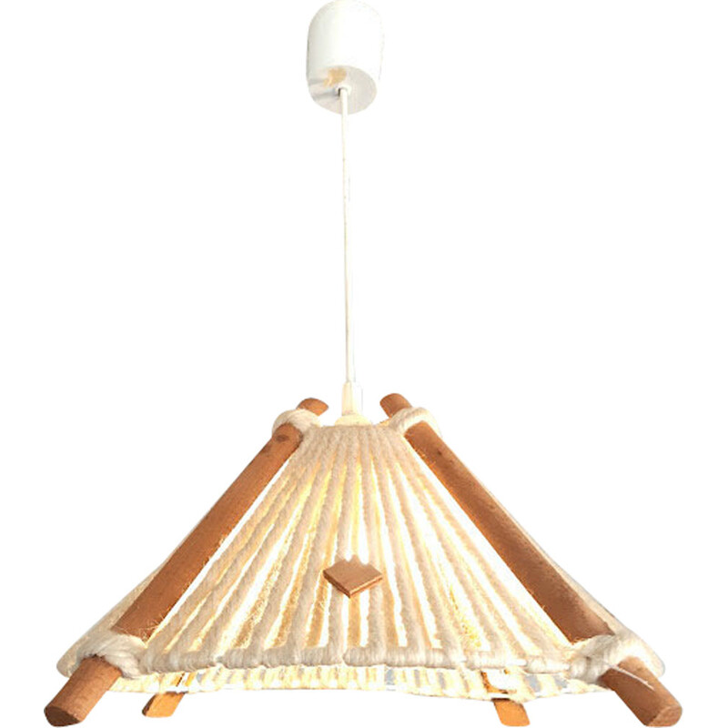 Lã Vintage e lâmpada de suspensão de madeira, 1960