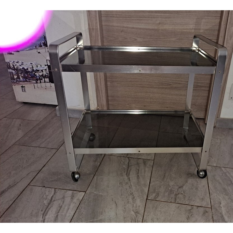 Vintage italian steel and smoked glass serving trolley, 1970s