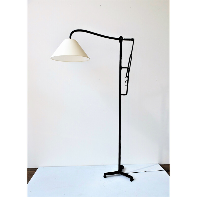 Leather strapped floor lamp, Jacques ADNET - 1950s