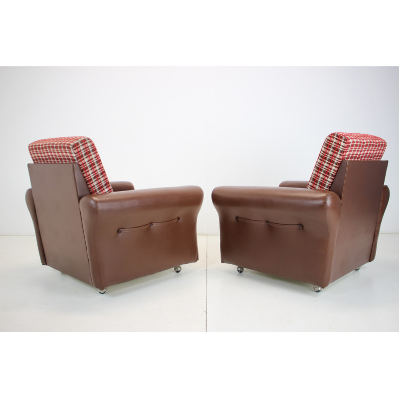 Pair of mid-century fabric and leatherette armchairs, Czechoslovakia 1960s