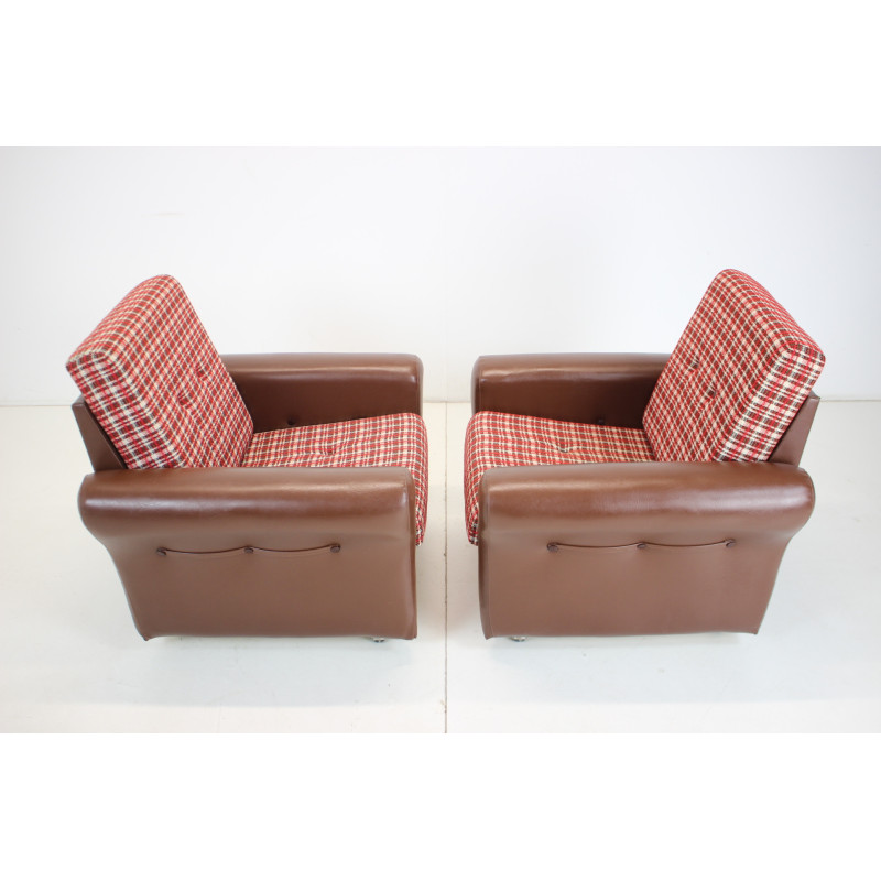 Pair of mid-century fabric and leatherette armchairs, Czechoslovakia 1960s