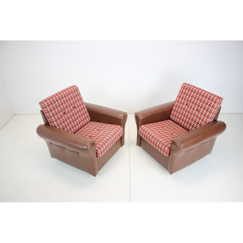 Pair of mid-century fabric and leatherette armchairs, Czechoslovakia 1960s