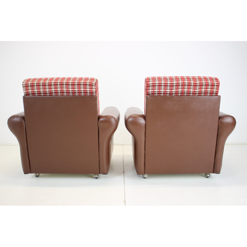 Pair of mid-century fabric and leatherette armchairs, Czechoslovakia 1960s