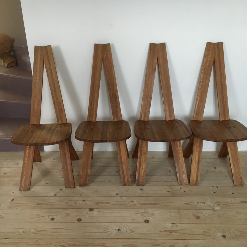 Set of 4 vintage S 45 A solid elmwood chairs by Pierre Chapo, 1970