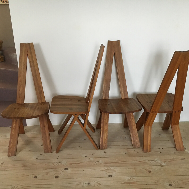 Lot de 4 chaises vintage S 45 A en orme massif par Pierre Chapo, 1970