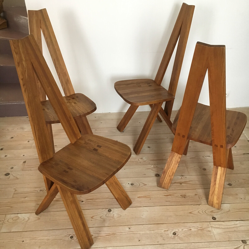 Set of 4 vintage S 45 A solid elmwood chairs by Pierre Chapo, 1970