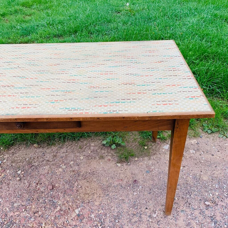 Vintage veelkleurige boerentafel met 1 lade