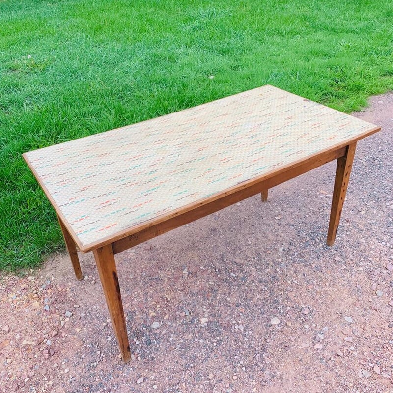 Vintage multicolored farmhouse table with 1 drawer