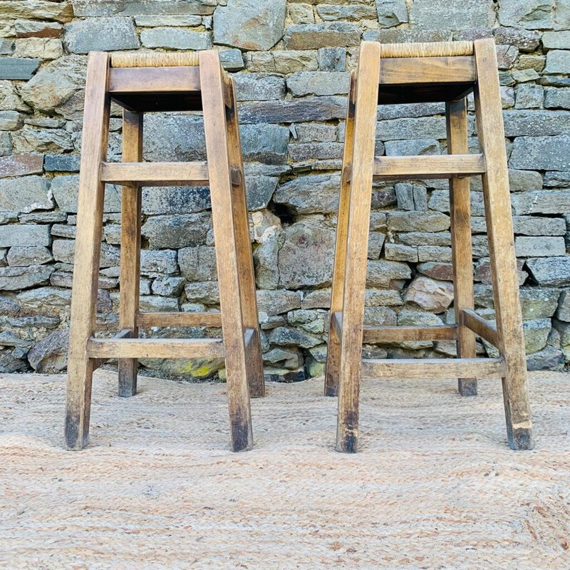 Pair of vintage high stools in wood and straw