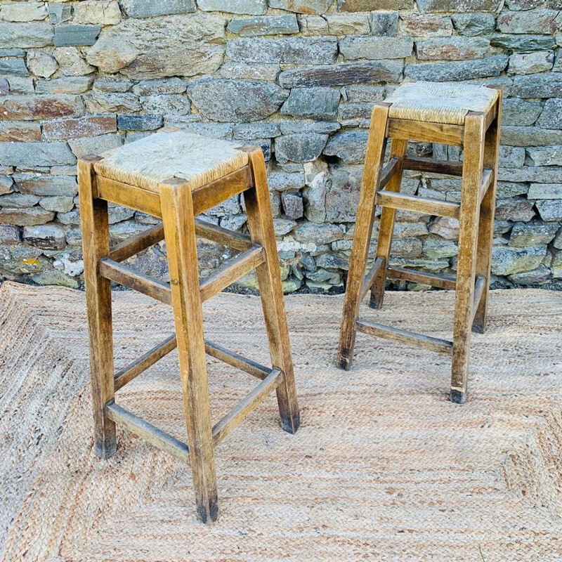 Paar hohe Vintage-Hocker aus Holz und Stroh