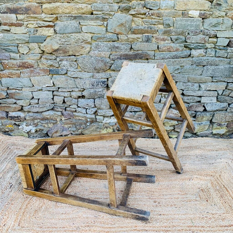 Pair of vintage high stools in wood and straw