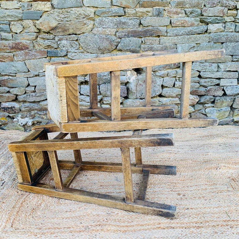 Pair of vintage high stools in wood and straw