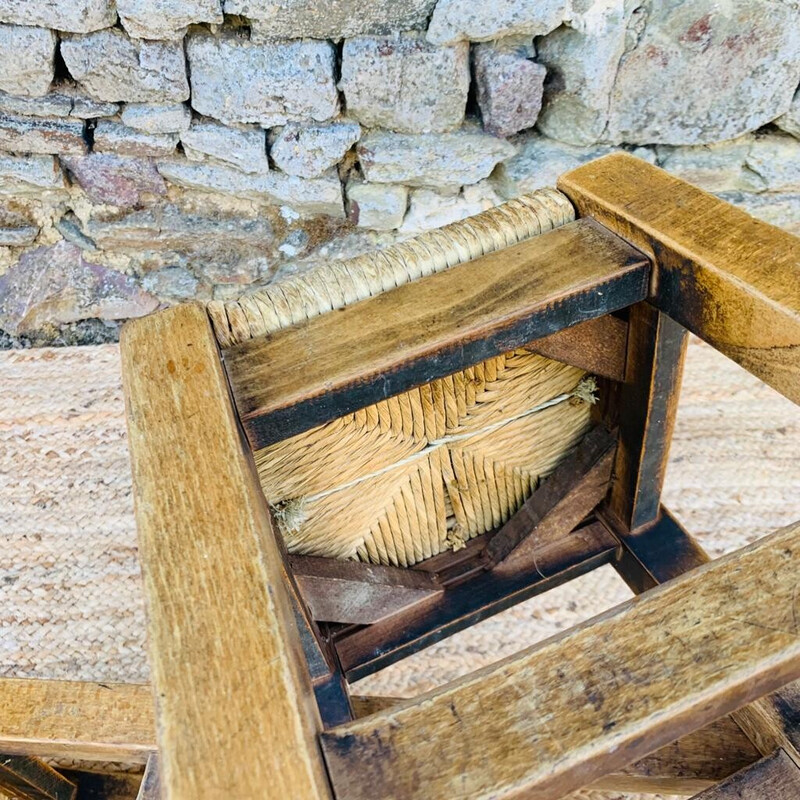 Pair of vintage high stools in wood and straw