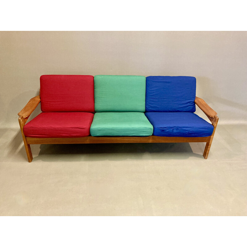 Vintage 3 seater teak and cotton sofa, 1950