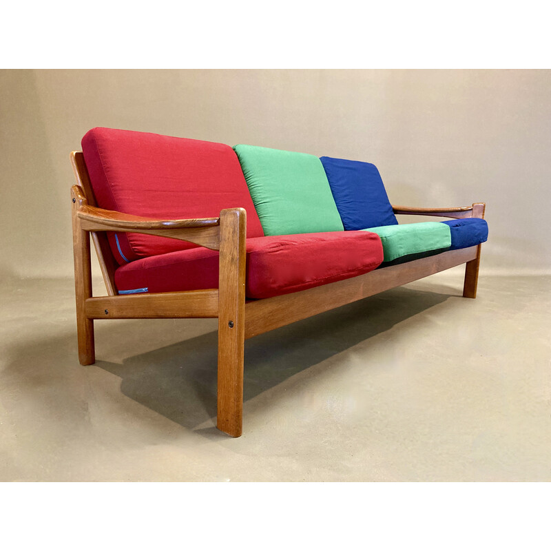 Vintage 3 seater teak and cotton sofa, 1950