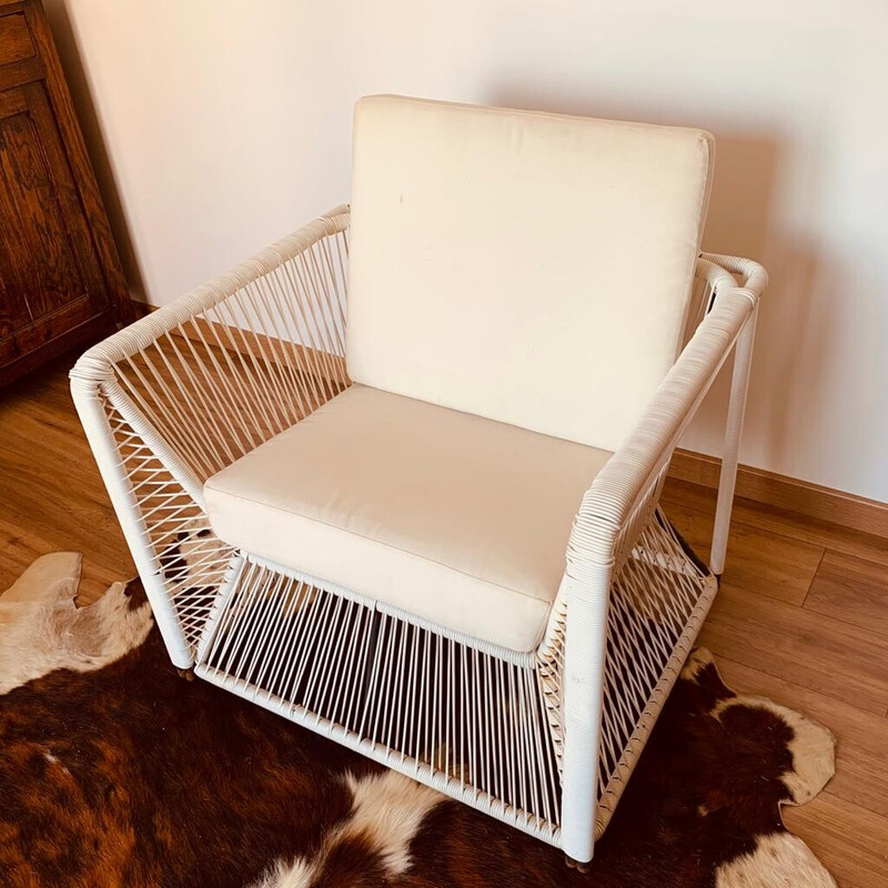 Pair of vintage white scoubidou garden armchairs