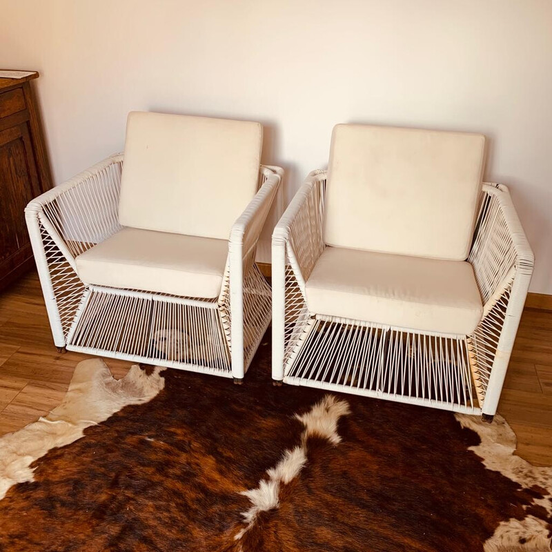 Pair of vintage white scoubidou garden armchairs