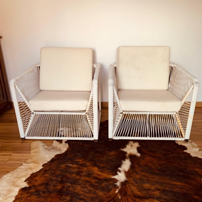 Pair of vintage white scoubidou garden armchairs
