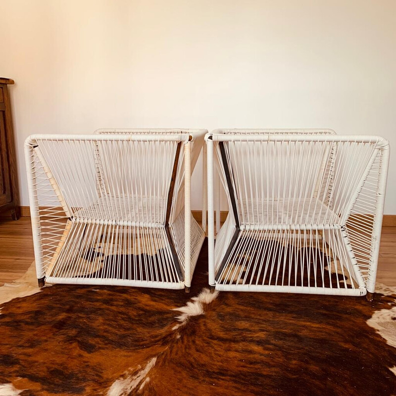 Pair of vintage white scoubidou garden armchairs