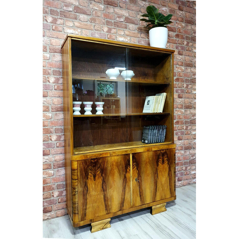 Art deco vintage wood and glass bookcase, 1950s