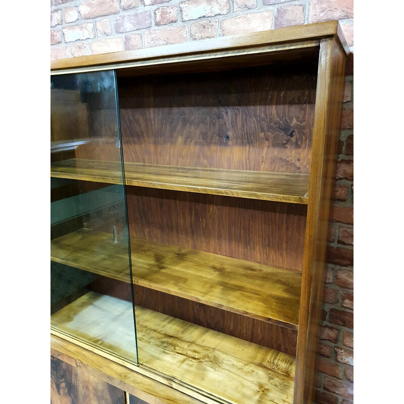 Art deco vintage wood and glass bookcase, 1950s