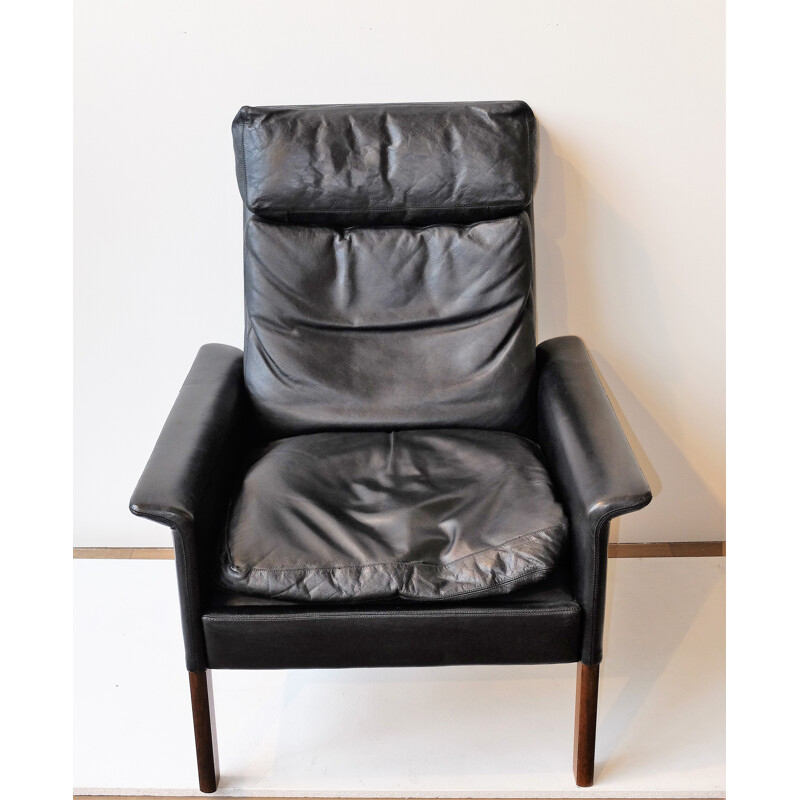CS furniture black leather and rosewood armchair, Hans OLSEN - 1960s
